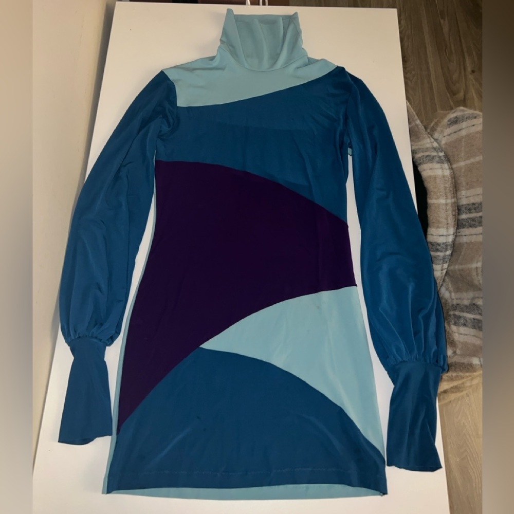 Vintage 60’s Retro Color-block Balloon Sleeve Dress in Teal & Purple | Size S